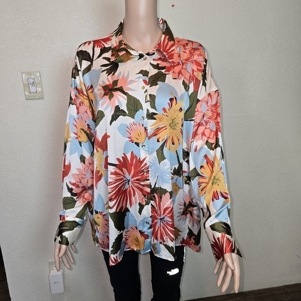 ZARA Satin Floral Printed Button-Down Shirt Long Sleeve Multicolored women’s Xl - Picture 7 of 11